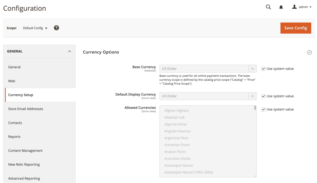 Setting up currency options in Magento 2