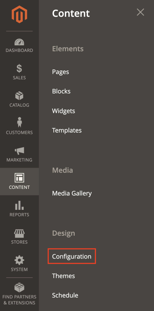 Accessing the Configuration menu from Magento 2's left sidebar