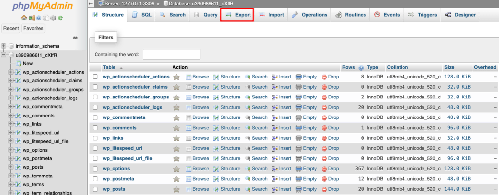 phpMyAdmin highlighting export button