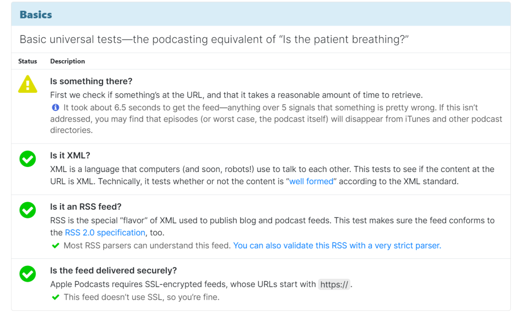 Podebase XML RSS validator's results