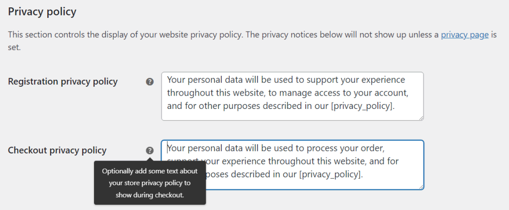 Configuring your privacy policy in WooCommerce.