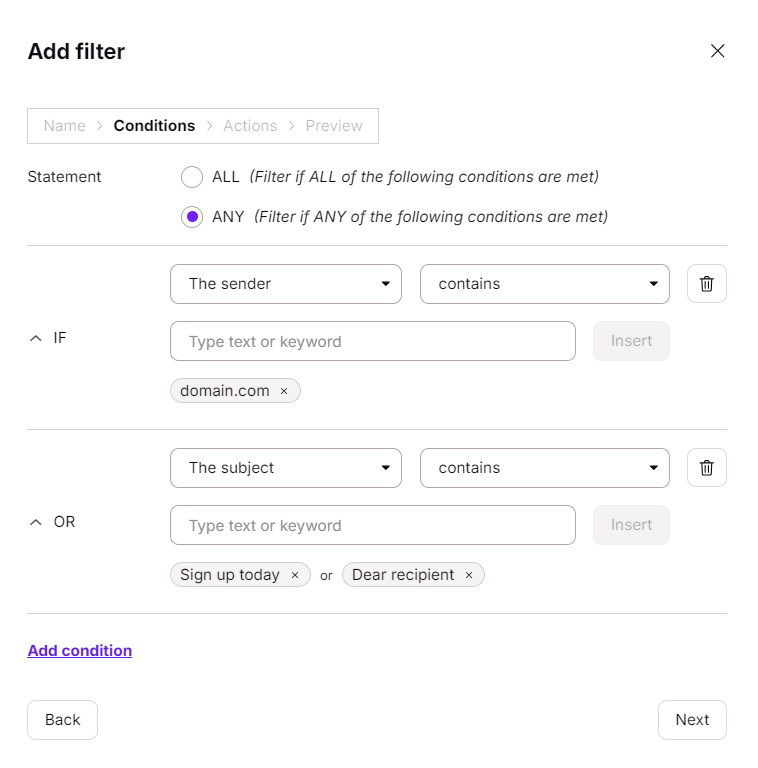 Setting filter conditions in Proton