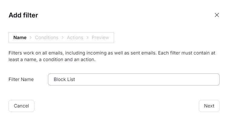 The process of adding a new filter, where user enters the filter name
