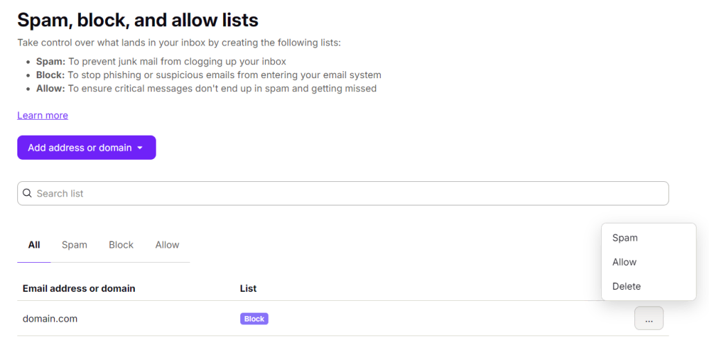 Proton's list of spam, block, and allow addresses and domains