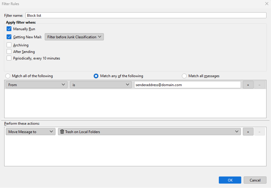 Thunderbird filter rules pop-up