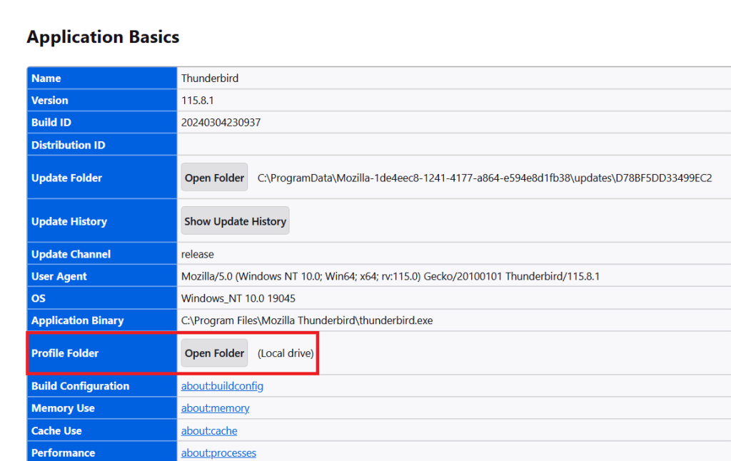 Finding the Profile Folder location on Thunderbird