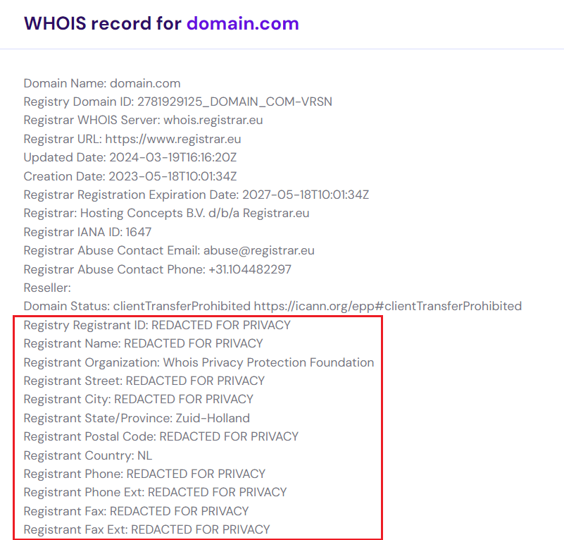 WHOIS record with redacted personal details