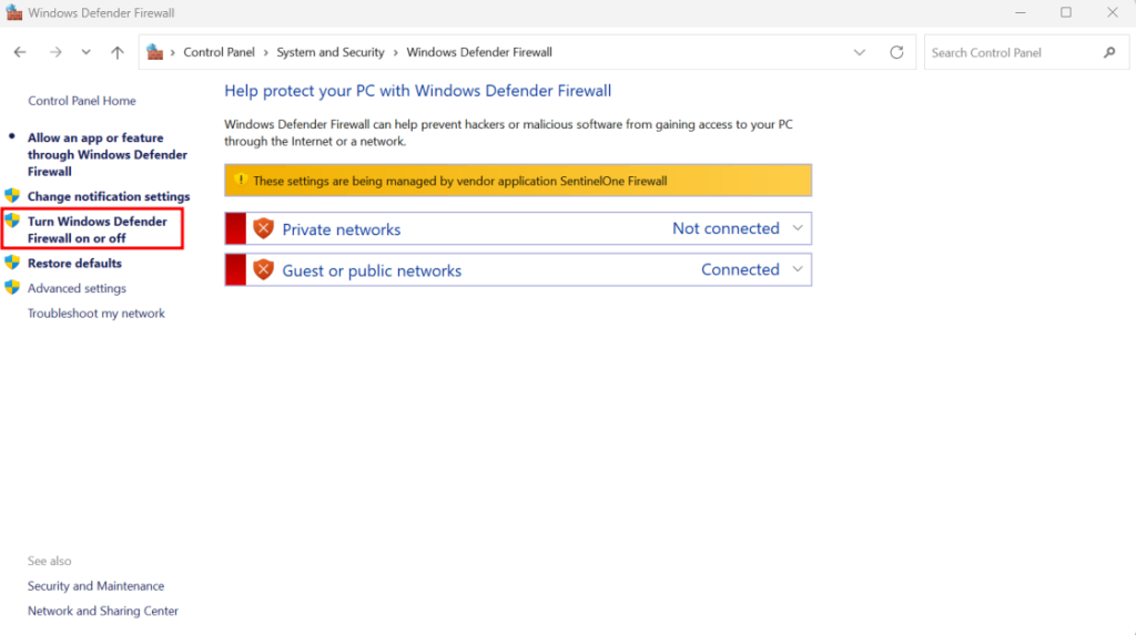 Windows Defender Firewall section, highlighting the option to turn it on or off