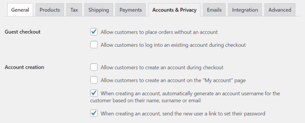 Settings for WooCommerce accounts and privacy.
