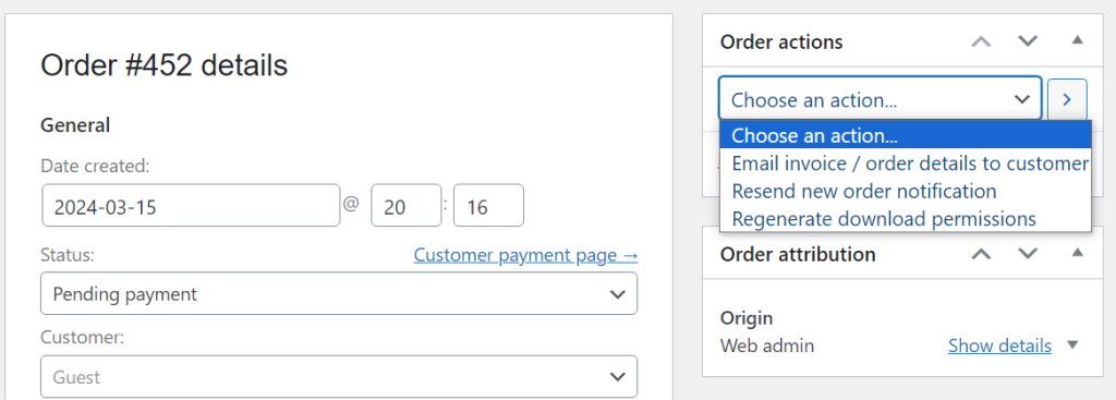 Taking actions on an open WooCommerce order
