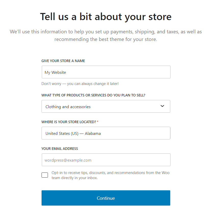 WooCommerce set up form.