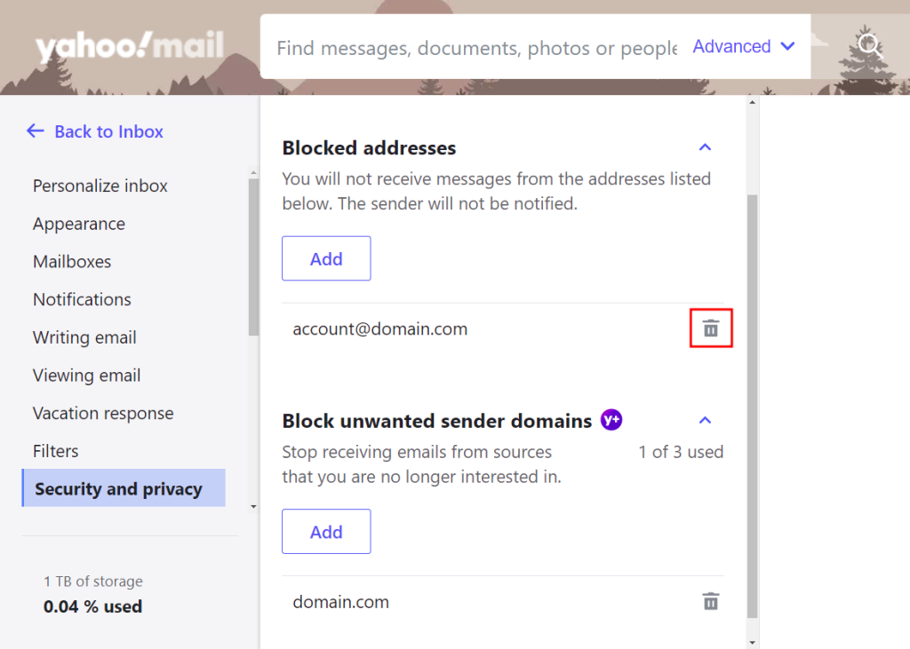Yahoo security and privacy section, highlighting the trash icon next to a sender's address to remove it from the list