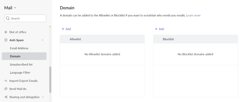 Domain block list in Zoho Mail