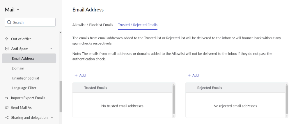 Email block list in Zoho Mail