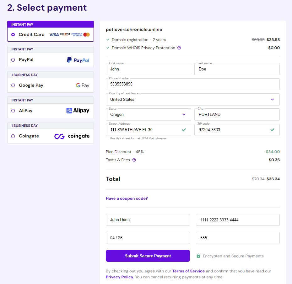 Payment form in Hostinger's domain checkout page
