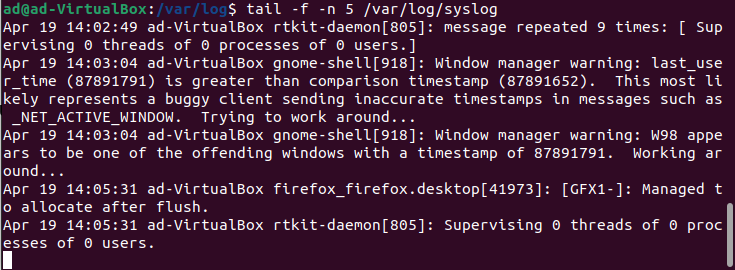 Linux terminal showing a change of directory to the syslog file and a display of the last 5 lines of the syslog file