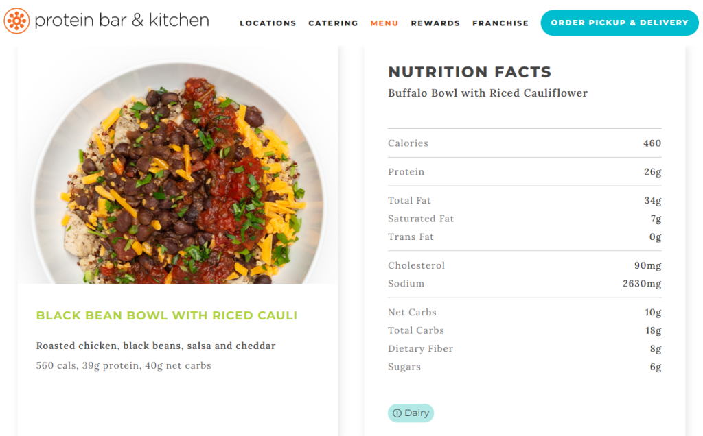 Protein Bar & Kitchen includes calories and nutritional details in its menu item descriptions