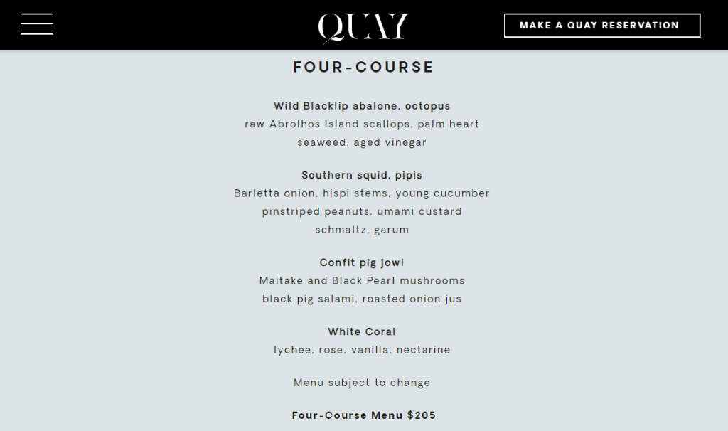 QUAY's four-course offering's pricing