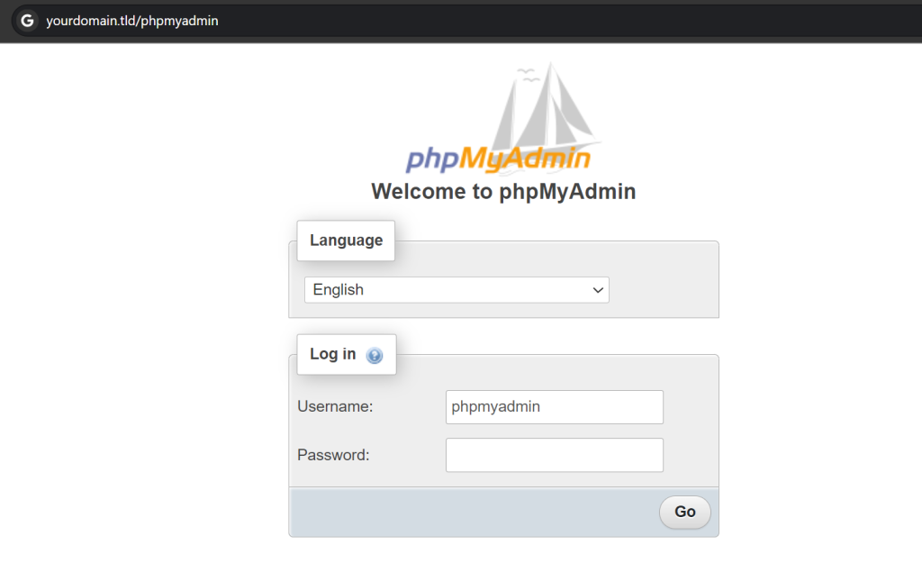 The phpMyAdmin login page