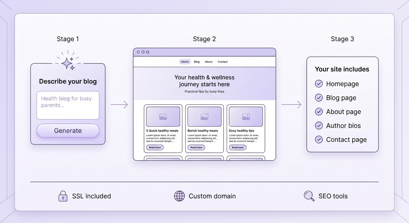 Workflow diagram showing AI-assisted health blog creation: describe your blog, get a generated site with navigation and post cards, and a checklist of essential pages.