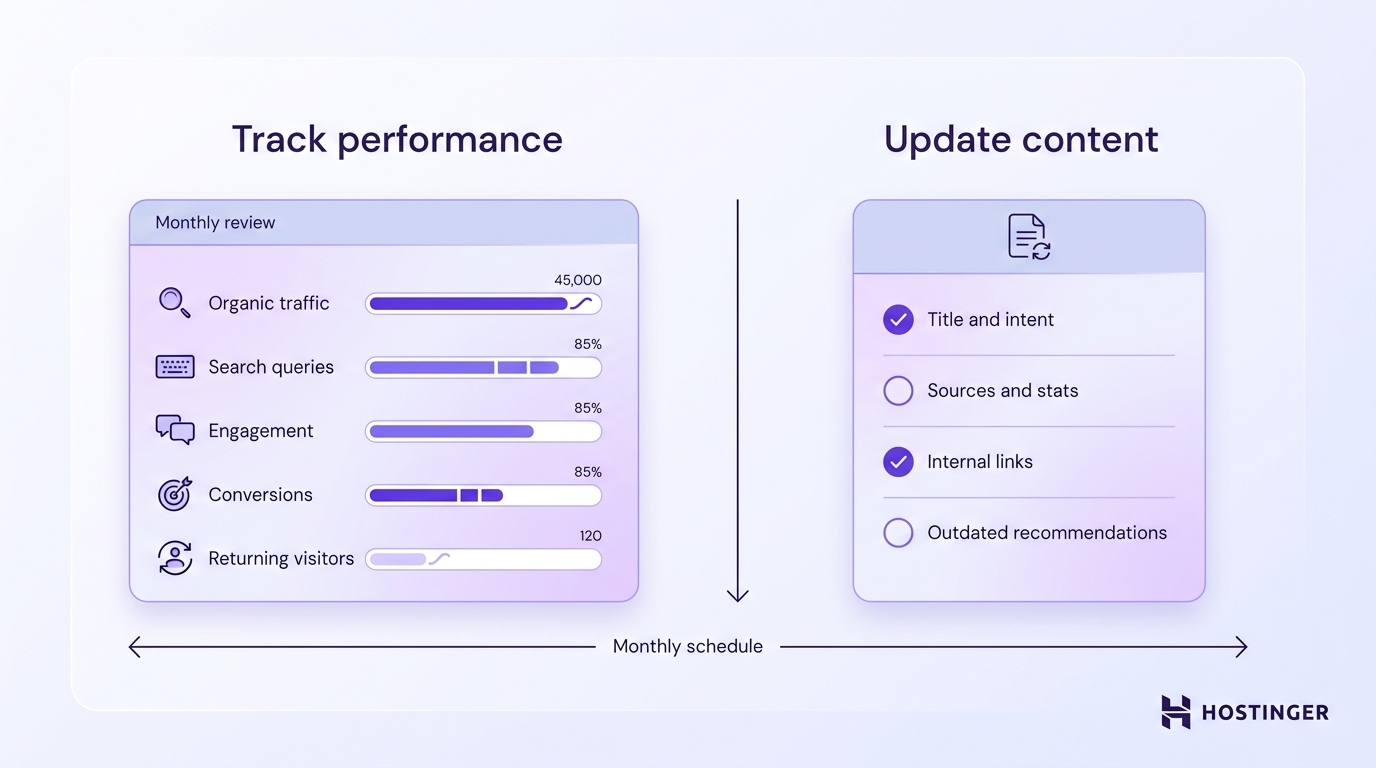Two-panel workflow showing a monthly analytics dashboard with five performance metrics alongside a content audit checklist, connected by a recurring review schedule.