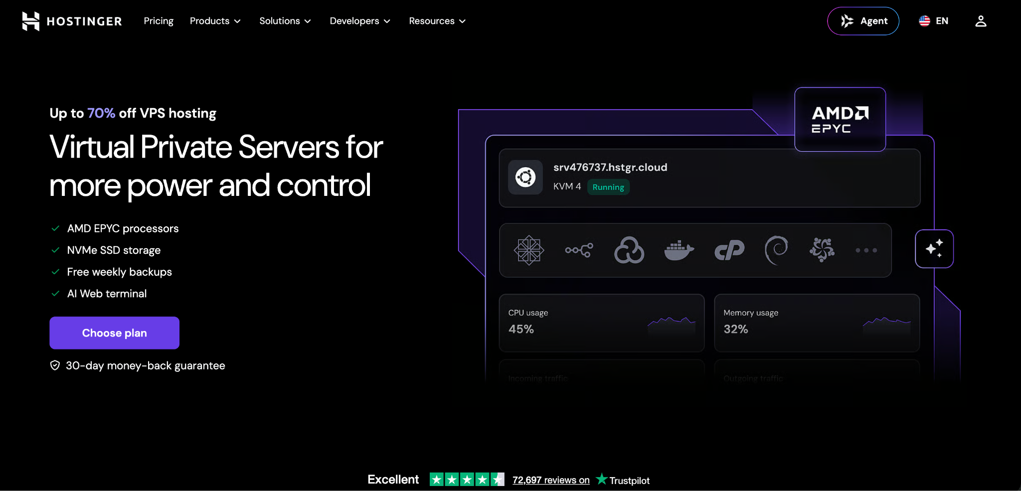 Hostinger VPS hosting page highlighting AMD EPYC processors, NVMe SSD storage, weekly backups, and an AI web terminal.
