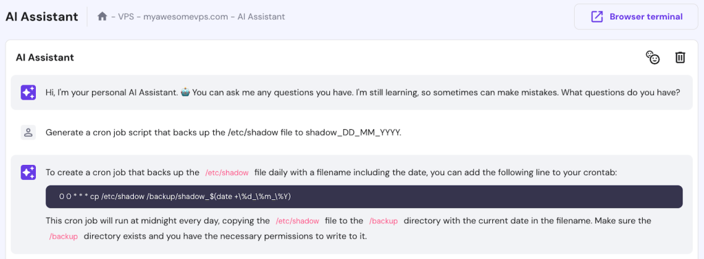 Hostinger VPS AI Assistant generates a cron job for automating a backup
