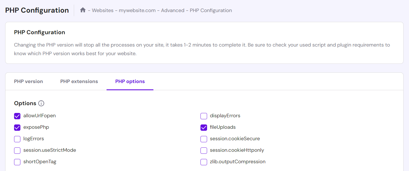 hpanel-php-configuration-