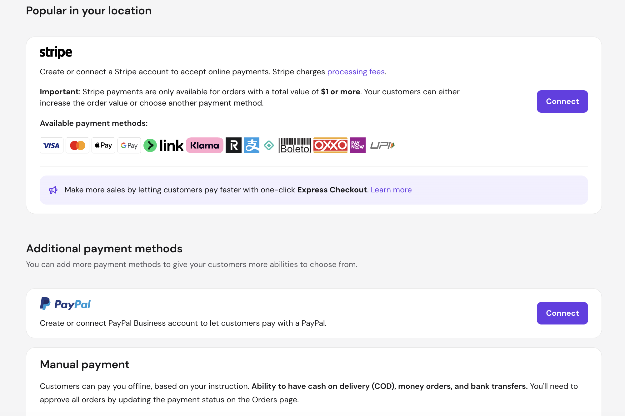Hostinger Ecommerce supported payment methods