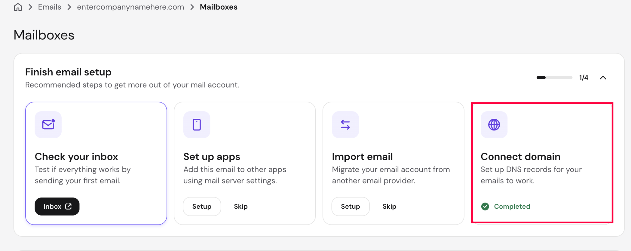 Hostinger Mailboxes page showing email setup steps, with the completed Connect domain step highlighted.