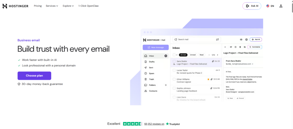 Hostinger business email landing page