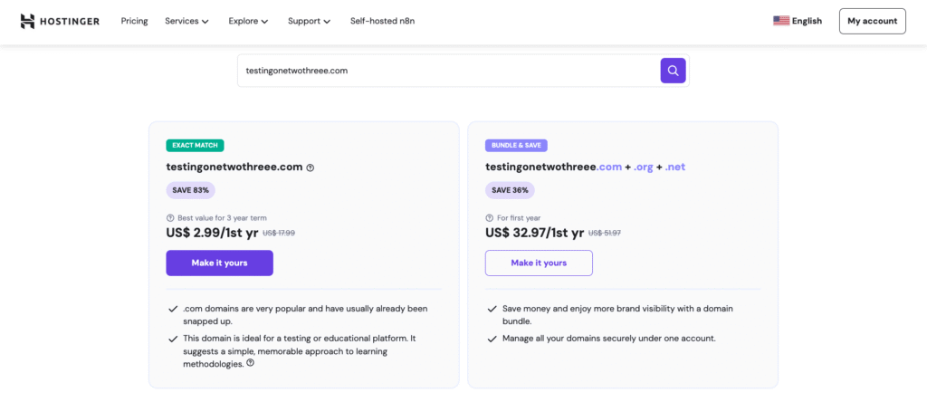 Hostinger domain search showing individual and bundled pricing options