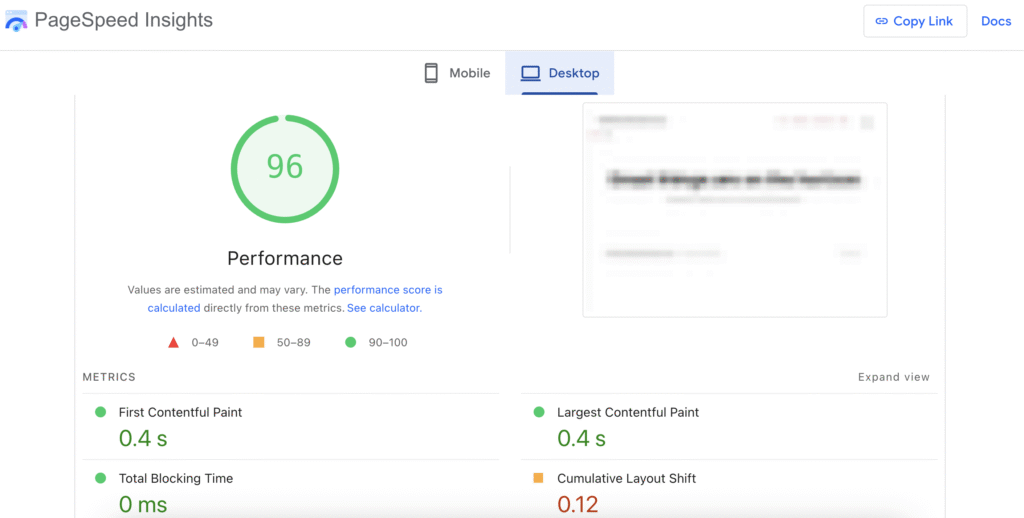 The PageSpeed Insights WooCommerce store performance analysis result