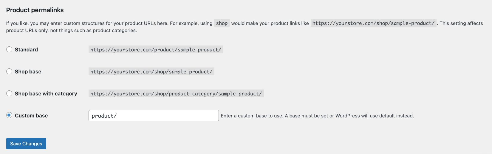 The WooCommerce permalink setting section