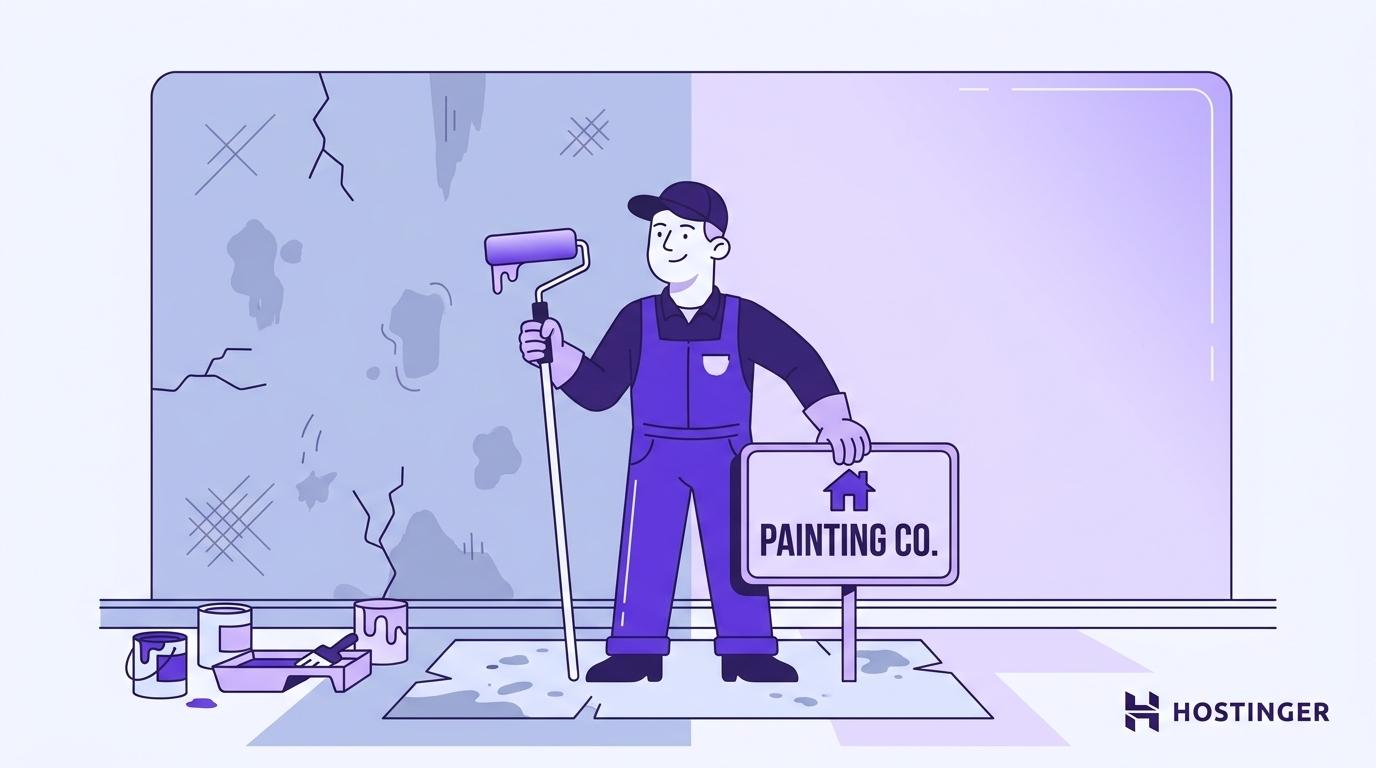 A painter in coveralls stands before a wall that is half old and scuffed, half freshly painted, holding a roller and a yard sign — the moment a job is finished and the business is ready for the next client.