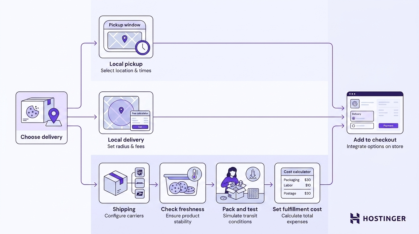 Workflow showing cookie delivery options, packaging tests, fulfillment costs, and checkout details.