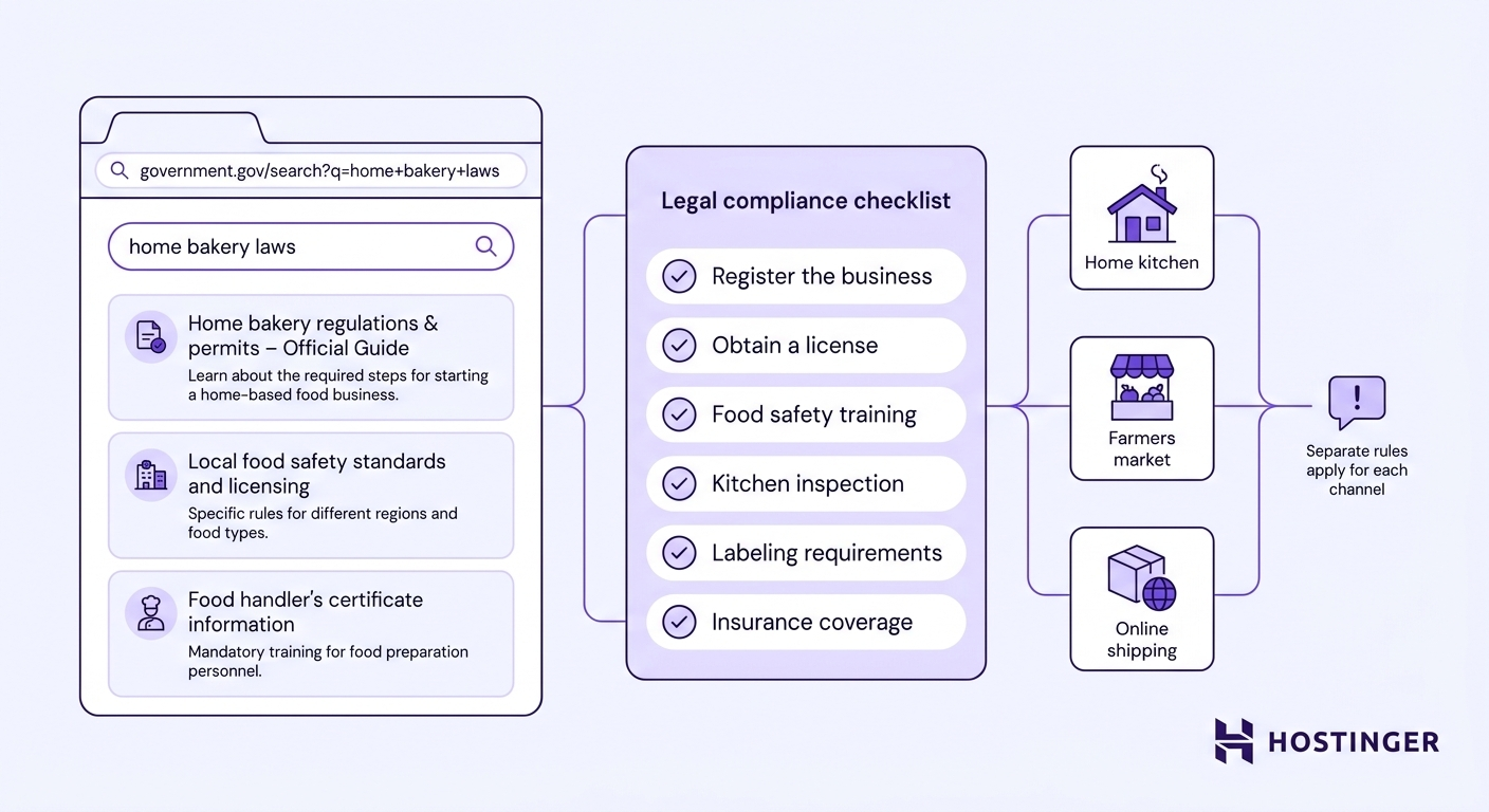 A government website search panel leads to a legal compliance checklist covering registration, licensing, training, inspection, labeling, and insurance, with separate sales channel indicators for home kitchen, farmers market, and online shipping.
