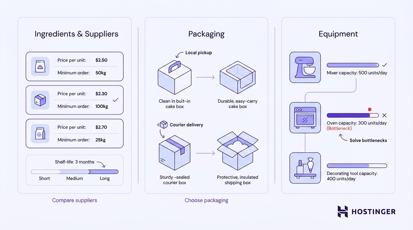 Three-column diagram showing ingredient sourcing with supplier comparison, packaging choice by delivery method, and equipment selection based on production bottlenecks.