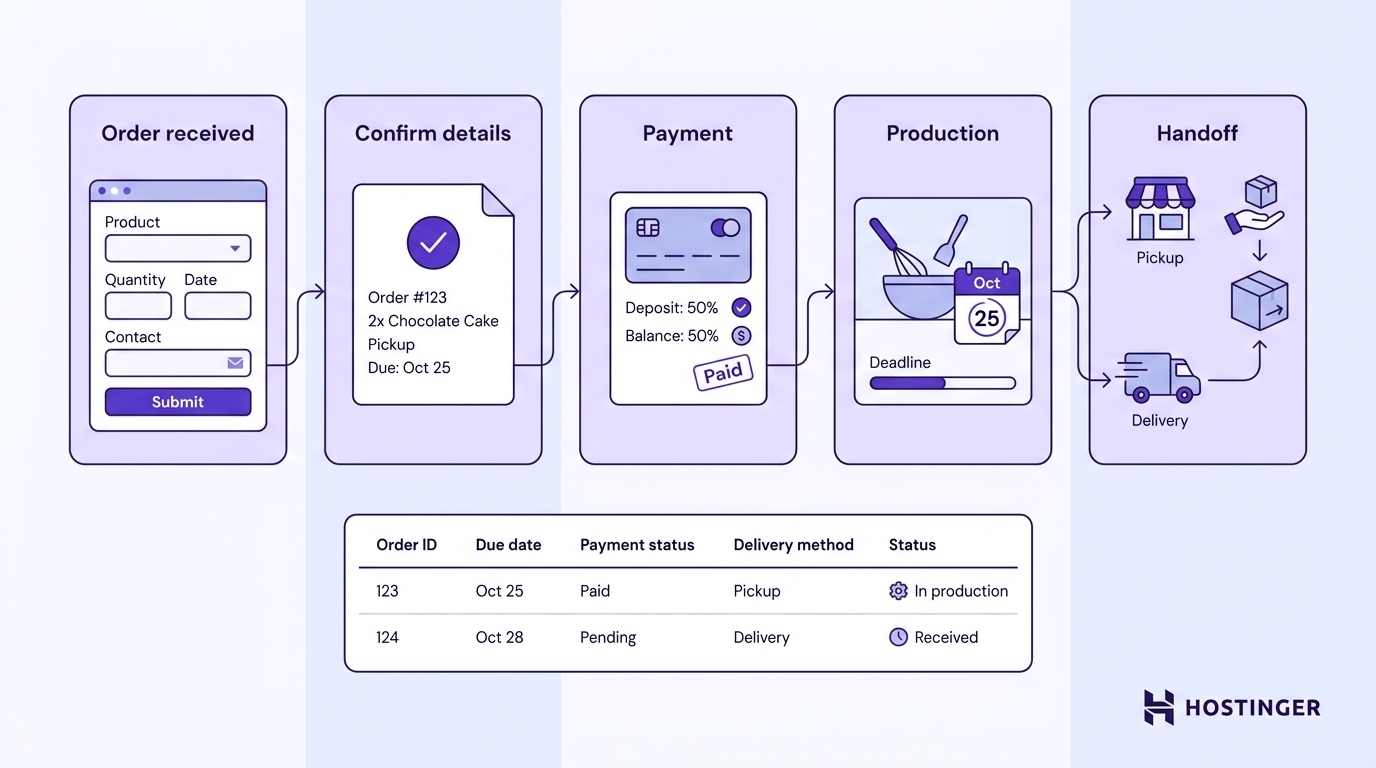A five-stage ordering workflow showing order received, confirm details, payment, production, and handoff, with an order tracking dashboard panel below.