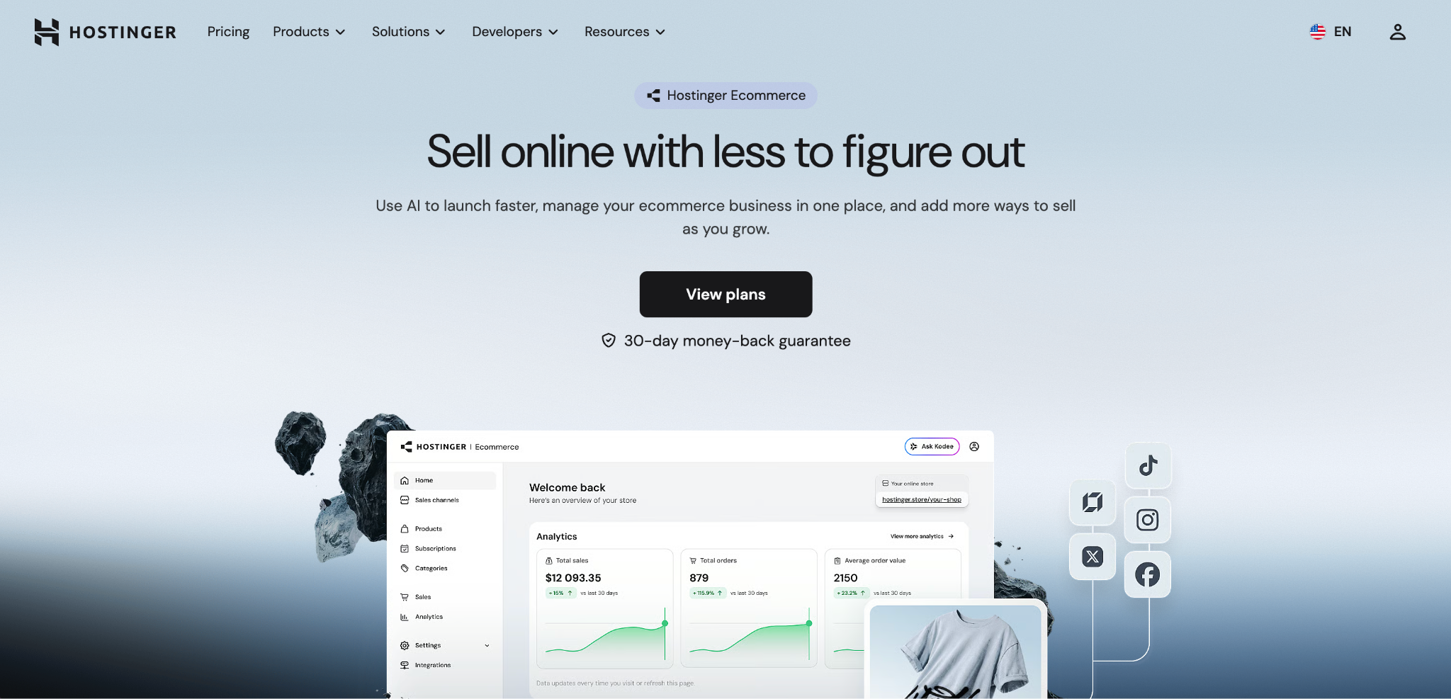 Hostinger Ecommerce page showing an online store dashboard with sales analytics, product management, and social selling channels.