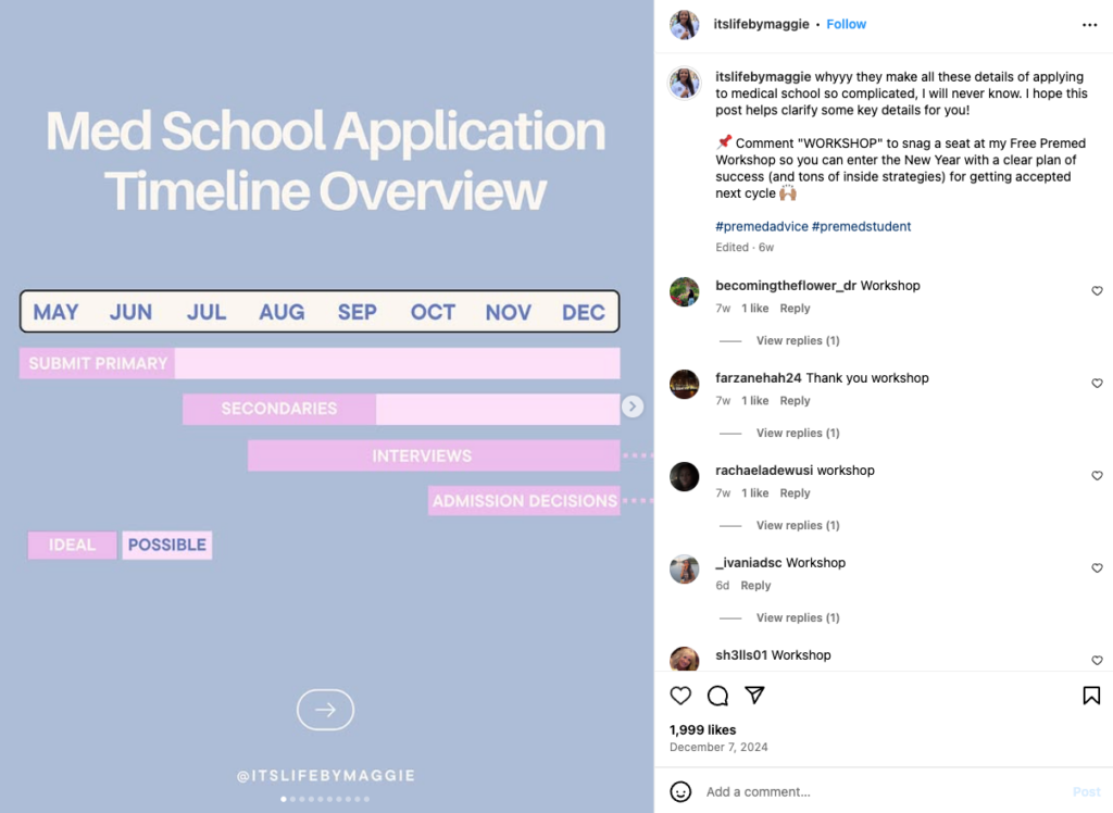 Maggie Premed Mentor Instagram post, offering a free workshop