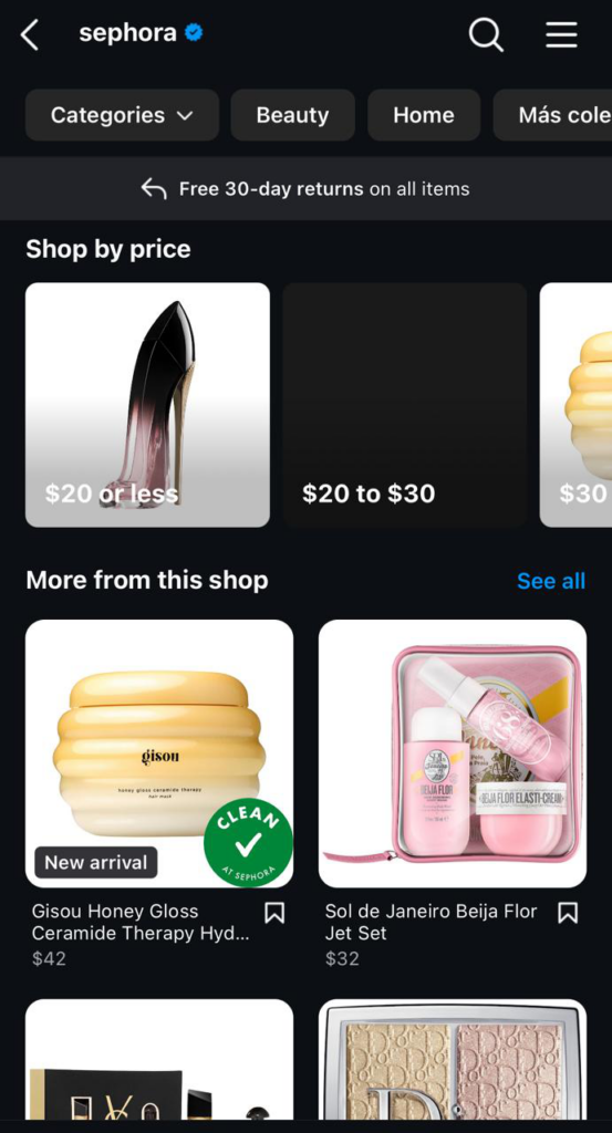 Sephora Instagram Shopping page
