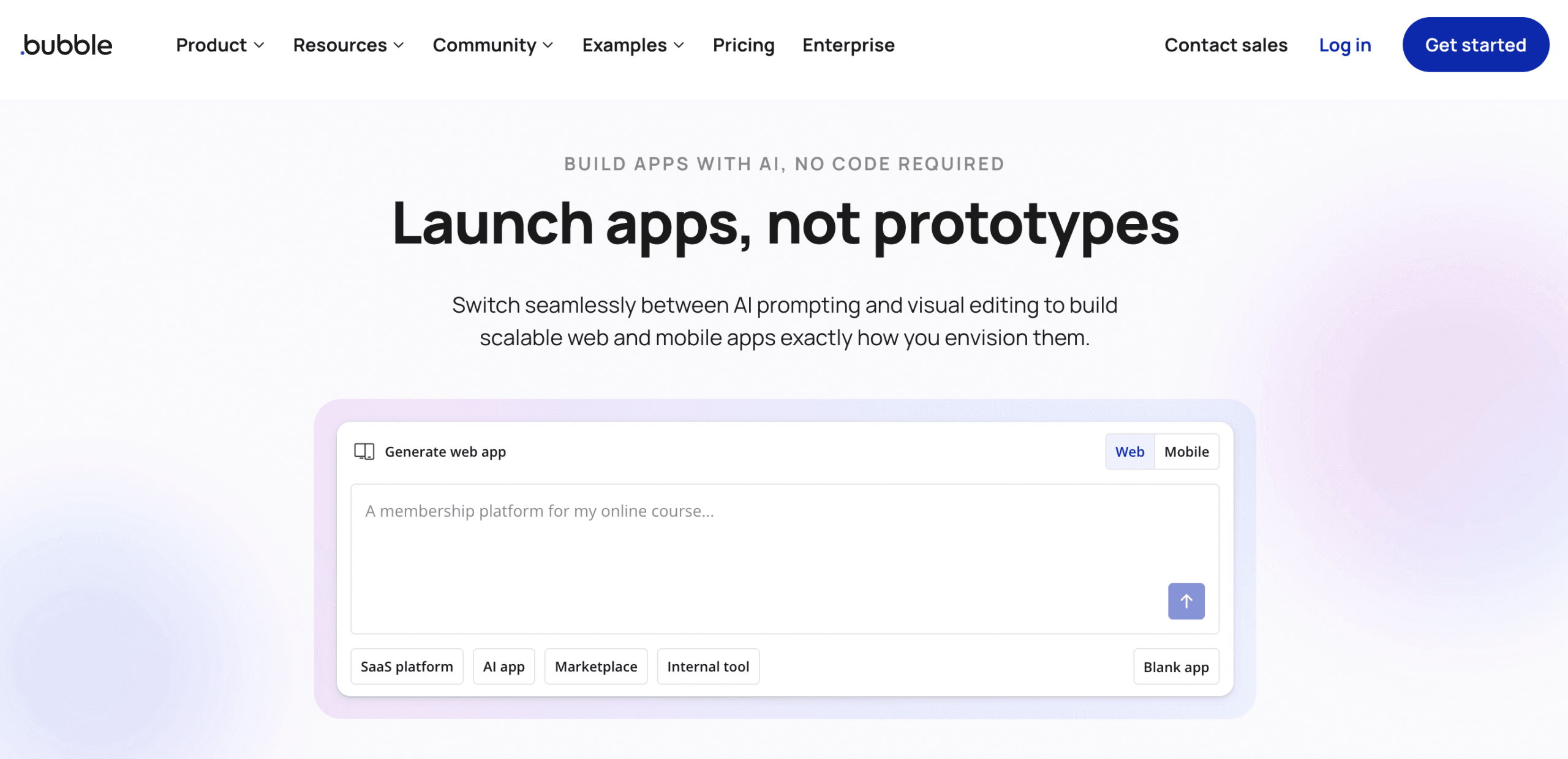 Homepage of Bubble showing chat box for prompting
