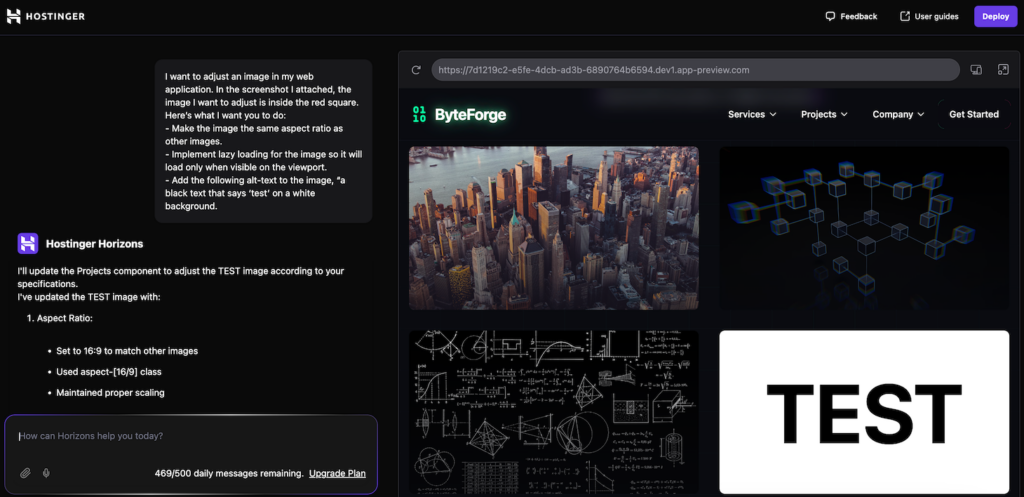Hostinger Horizons adjusts the custom image