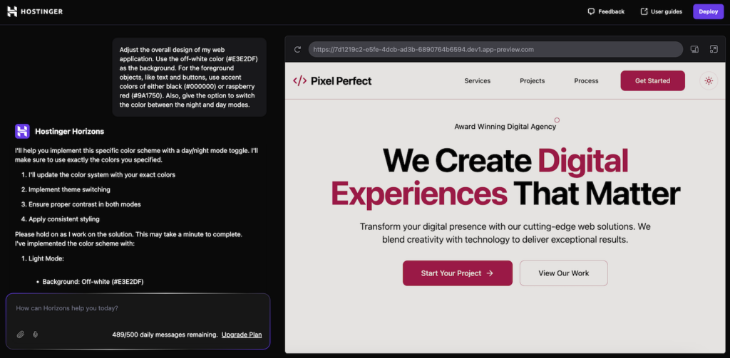 Hostinger Horizons adjusts the web app design according to the prompt