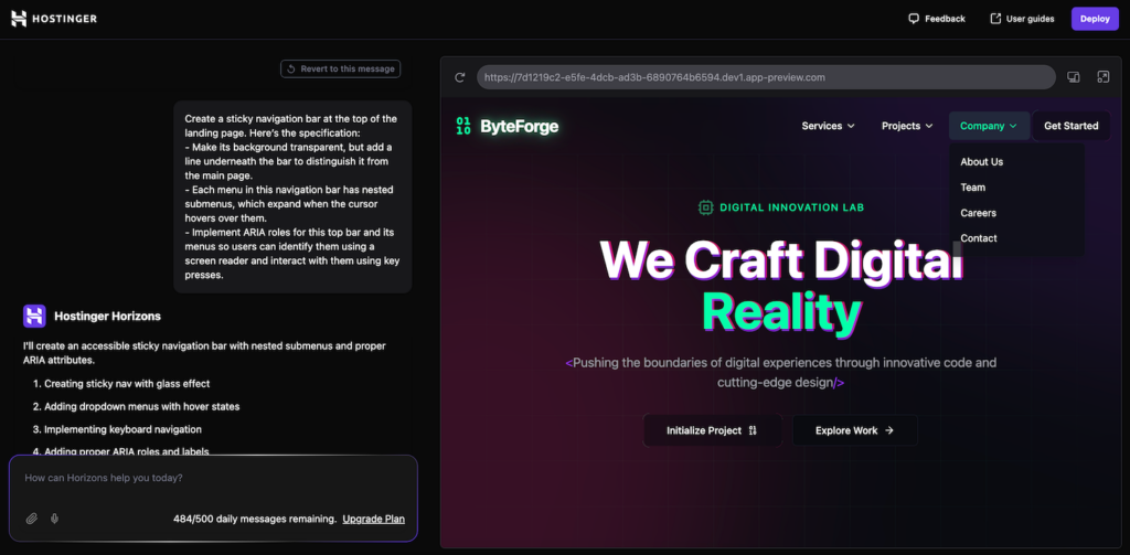 Hostinger Horizons creates a proper navigation bar