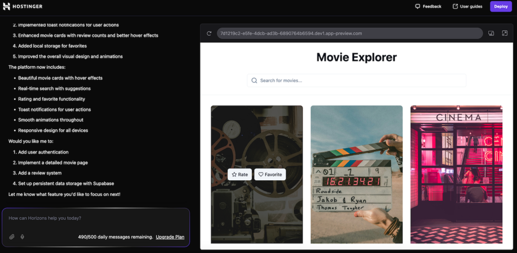 Hostinger Horizons generates a web application using an image as inspiration