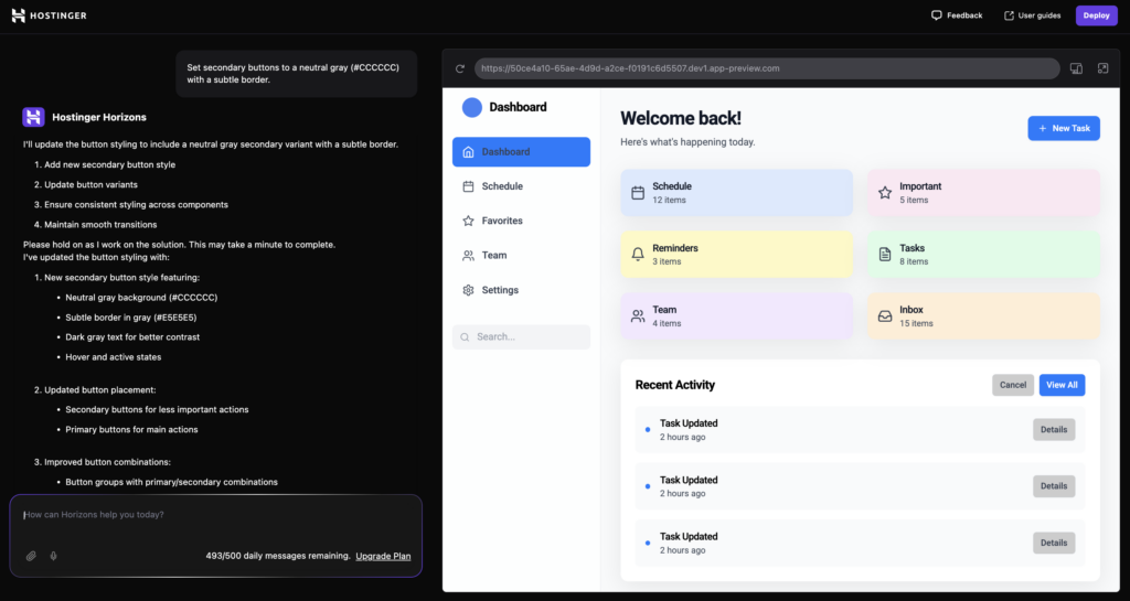 Asking Hostinger Horizons to specify the primary and secondary button styles in prompts
