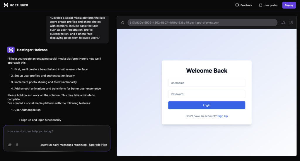 A prompt to demostrate how to start only with core functionality when using Hostinger Horizons