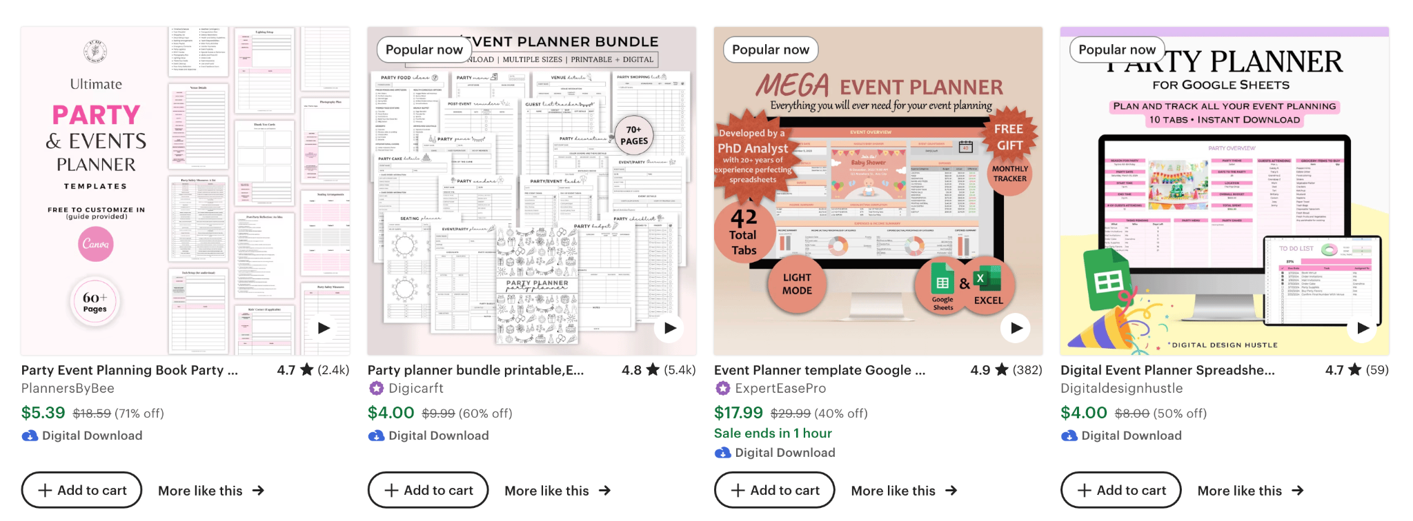 List of event planning templates sold on Etsy